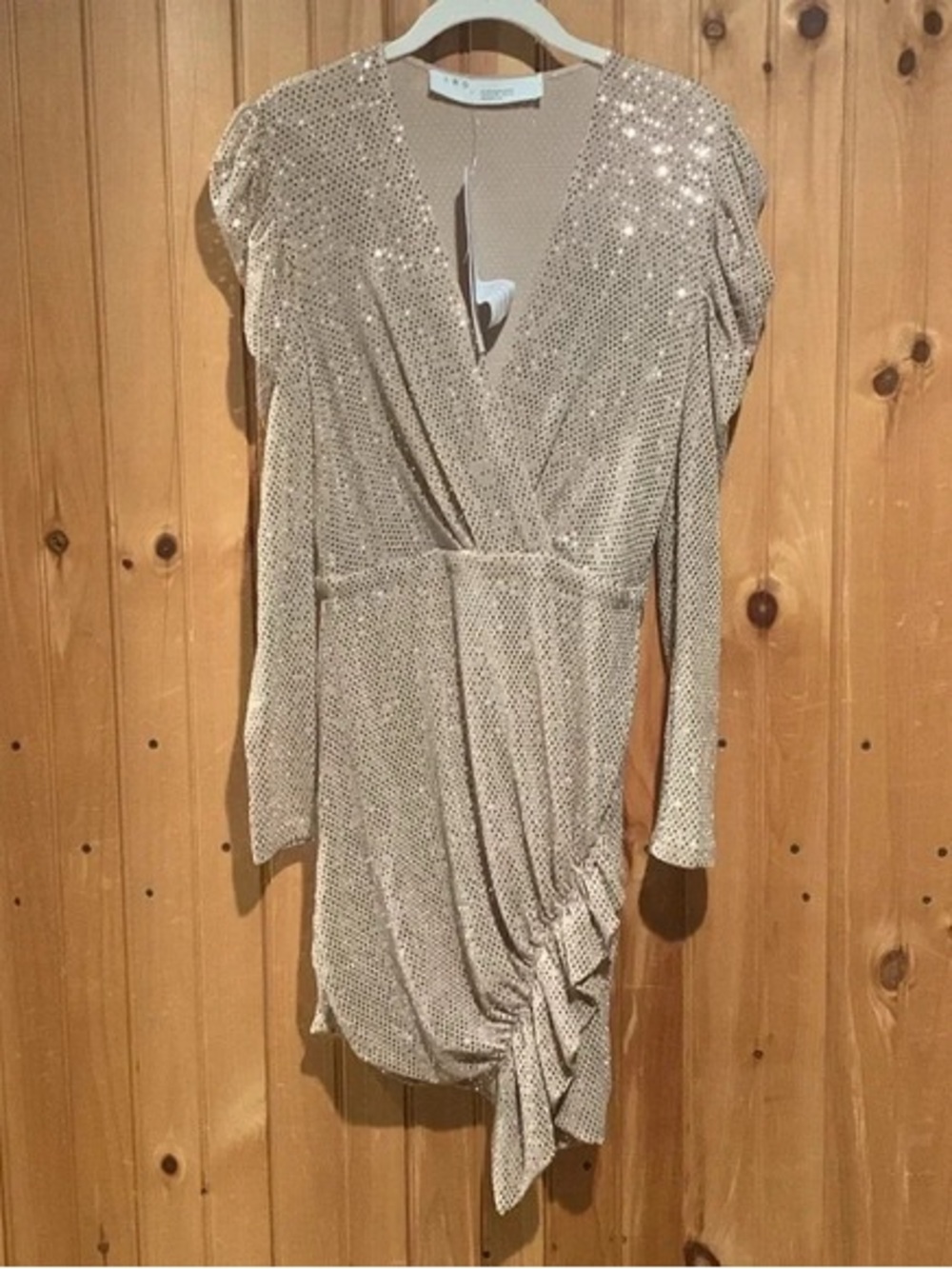 Sequin Wrap-Style Long Sleeve Mini Dress - Champagne